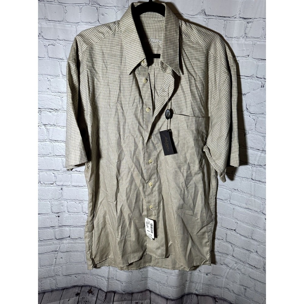 Jack Lipson Mens Short Sleeve Button Down Shirt Beige Micro Check Cotton Medium